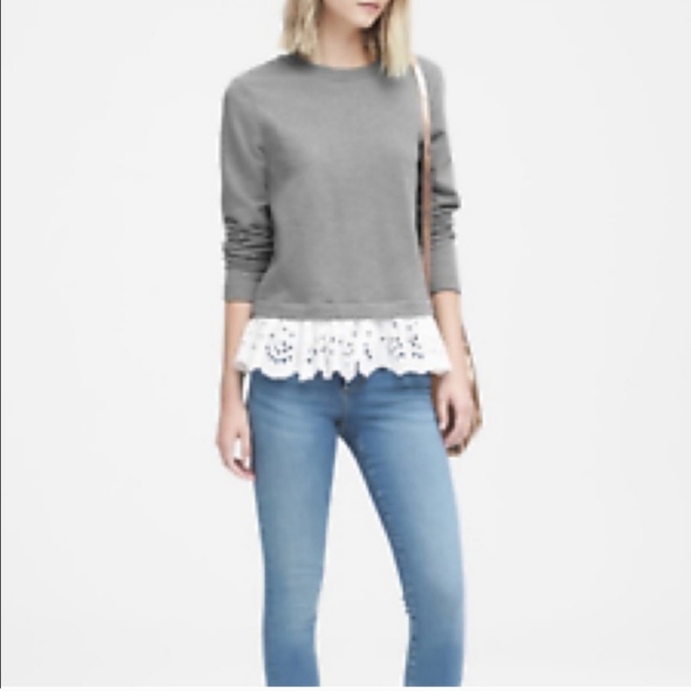 Banana Republic Extra Small Petite grey sweater with eyelet lace ruffle detail